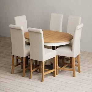Extending Hertford 100cm 130cm Oak and Cream Painted Pedestal Dining Table with 6 Natural Braced Chairs