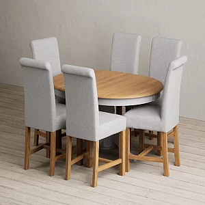 Extending Hertford 100cm 130cm Oak and Light Grey Painted Pedestal Dining Table with 6 Grey Braced Chairs