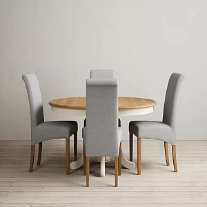 Extending Hertford 100cm 130cm Oak and Cream Painted Pedestal Dining Table with 4 Grey Scroll Back Chairs