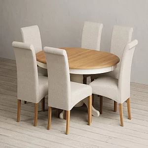 Extending Hertford 100cm 130cm Oak and Cream Painted Pedestal Dining Table with 6 Grey Scroll Back Chairs