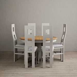 Extending Hertford 100cm 130cm Oak and Soft White Painted Pedestal Dining Table with 6 Light Grey Painted Chairs