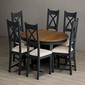 Extending Hertford 100cm 130cm Oak and Dark Blue Painted Pedestal Dining Table with 6 Light Grey Painted Chairs