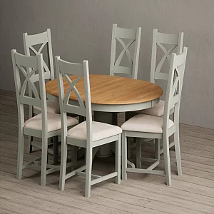 Extending Hertford 100cm 130cm Oak and Soft Green Painted Pedestal Dining Table with 6 Linen Painted Chairs