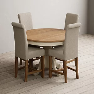 Hertford 120cm Fixed Top Oak and Cream Painted Dining Table with 4 Brown Braced Chairs