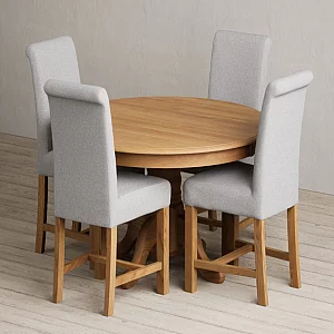 Hertford 120cm Fixed Top Solid Oak Round Pedestal Table with 4 Natural Braced Chairs