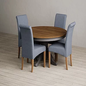 Hertford 120cm Fixed Top Oak and Charcoal Grey Painted Dining Table with 6 Charcoal Grey Scroll Back Chairs