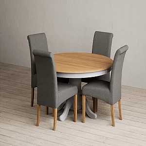 Hertford 120cm Fixed Top Oak and Light Grey Painted Dining Table with 6 Brown Scroll Back Chairs