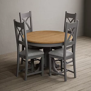 Hertford 120cm Fixed Top Oak and Light Grey Painted Dining Table with 4 Blue Painted Chairs