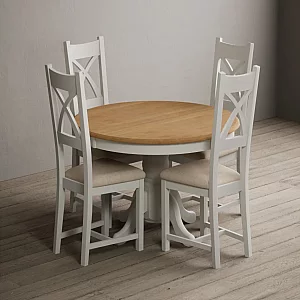Hertford 120cm Fixed Top Oak and Signal White Painted Dining Table with 6 Linen Painted Chairs