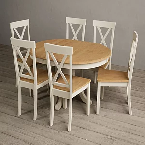 Extending Hertford 100cm 130cm Oak and Cream Painted Pedestal Dining Table with 6 Oak Hertford Chairs