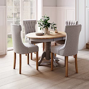 Extending Hertford 100cm 130cm Oak and Light Grey Painted Pedestal Dining Table with 4 Grey Clara Chairs