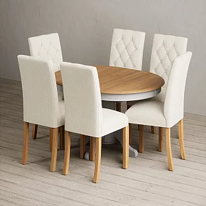 Extending Hertford 100cm 130cm Oak and Light Grey Painted Pedestal Dining Table with 6 Grey Isabella Chairs
