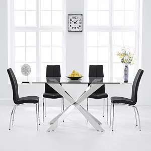 Canova 160cm Glass Dining Table with 4 Black Marco Chairs