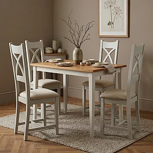 Kendal 115cm Solid Oak and Signal White Painted Dining Table with 4 Linen Painted Chairs