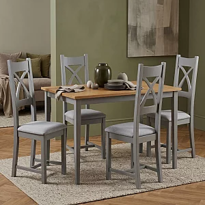 Kendal 150cm Solid Oak and Light Grey Painted Dining Table with 4 Light Grey Painted Chairs