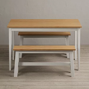 Kendal 150cm Solid Oak and Signal White Painted Dining Table with 2 White Benches