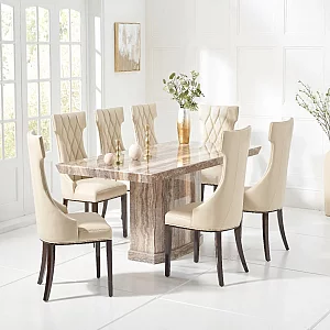 Carvelle 160cm Brown Pedestal Marble Dining Table with 8 Grey Sophia Chairs