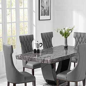 Novara 200cm Dark Grey Pedestal Marble Dining Table with 8 Grey Sophia Chairs