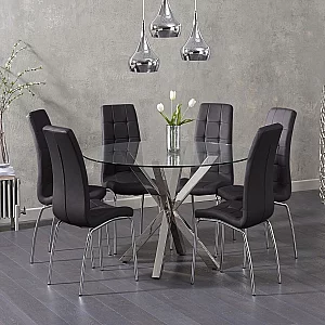 Rodin Round Glass Dining Table with 4 Black Enzo Chairs