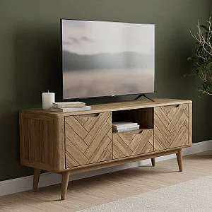 Solid Oak Large TV Cabinet Herringbone Detail