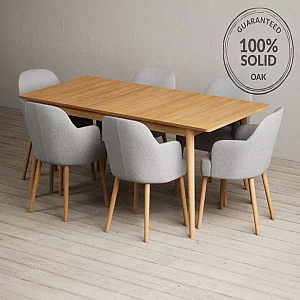 Extending Ruben 200cm Retro Oak Dining Table with 10 Light Grey Oliver Chairs