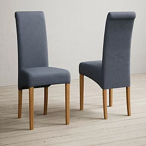Helmsley 150cm Round Oak Dining Table with 8 Blue Scroll Back Chairs