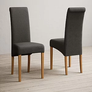 Hertford 120cm Fixed Top Solid Oak Round Pedestal Table with 6 Charcoal Grey Scroll Back Chairs