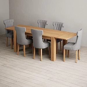 Extending Sheringham 200cm Solid Oak Dining Table with 6 Grey Clara Chairs