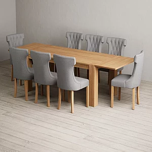 Extending Sheringham 200cm Solid Oak Dining Table with 8 Grey Clara Chairs