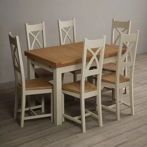 Extending Buxton 140cm Oak and Cream Painted Dining Table with 10 Blue Painted Chairs
