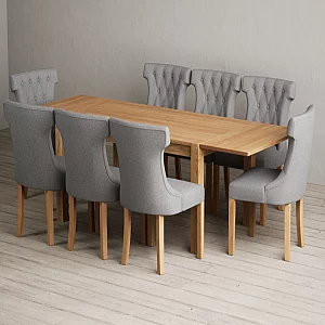 Extending Thetford 150cm Solid Oak Table with 8 Grey Clara Chairs