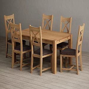 Thetford 150cm Solid Oak Dining Table with 6 Brown Natural Solid Oak Chairs