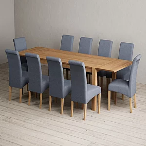 Extending Thetford 180cm Solid Oak Dining Table with 10 Blue Scroll Back Chairs