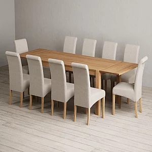 Extending Thetford 180cm Solid Oak Dining Table with 10 Natural Scroll Back Chairs