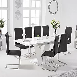 Extending Vittorio 160cm White High Gloss Dining Table with 8 Black Austin Chairs
