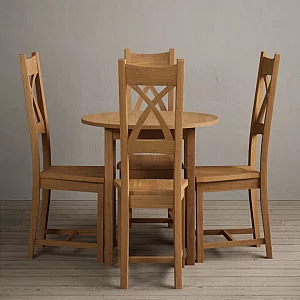 Extending York 90cm Solid Oak Dining Table with 4 Linen Natural Solid Oak Chairs