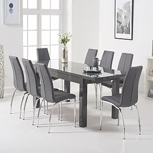 Extending Seattle Dark Grey Gloss 160220cm Dining Table with 6 Grey Marco Chairs