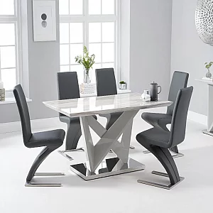 Marcella 150cm Marble Effect High Gloss Light Grey Dining Table with 6 Grey Aldo Chairs