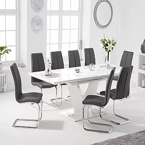 Extending Vittorio 160cm White High Gloss Dining Table with 10 Grey Gianni Chairs