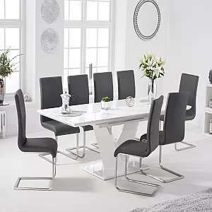 Extending Vittorio 160cm White High Gloss Dining Table with 10 Grey Austin Chairs