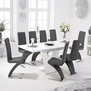 Extending Vittorio 160cm White High Gloss Dining Table with 8 White Aldo Chairs