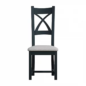 Painted Dark Blue X Back Dining Chairs Pair with Light Grey Fabric Seat Pad