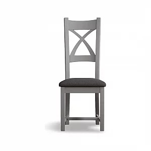 Painted Light Grey X Back Dining Chairs Pair with Charcoal Grey Fabric Seat Pad