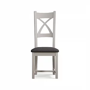 Painted Soft White X Back Dining Chairs Pair with Charcoal Grey Fabric Seat Pad