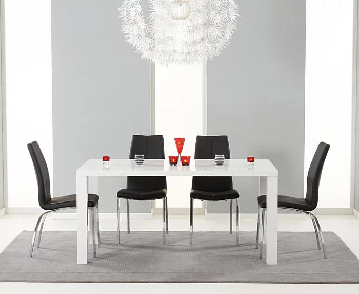 Seattle 160cm White High Gloss Dining Table with 4 Black Marco Chairs