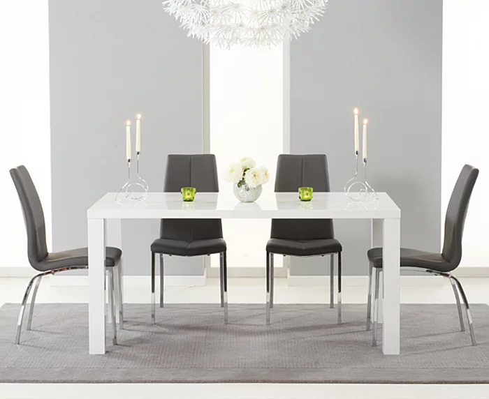 Seattle 160cm White High Gloss Dining Table with 4 Grey Marco Chairs