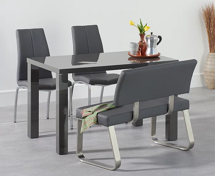 Seattle 120cm Dark Grey High Gloss Dining Table with 2 Grey Marco Chairs with 1 Grey Bench