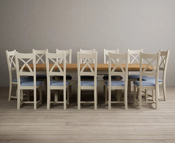 Extending Olympia 180cm Oak and Cream Painted Dining Table with 12 Blue Painted Chairs