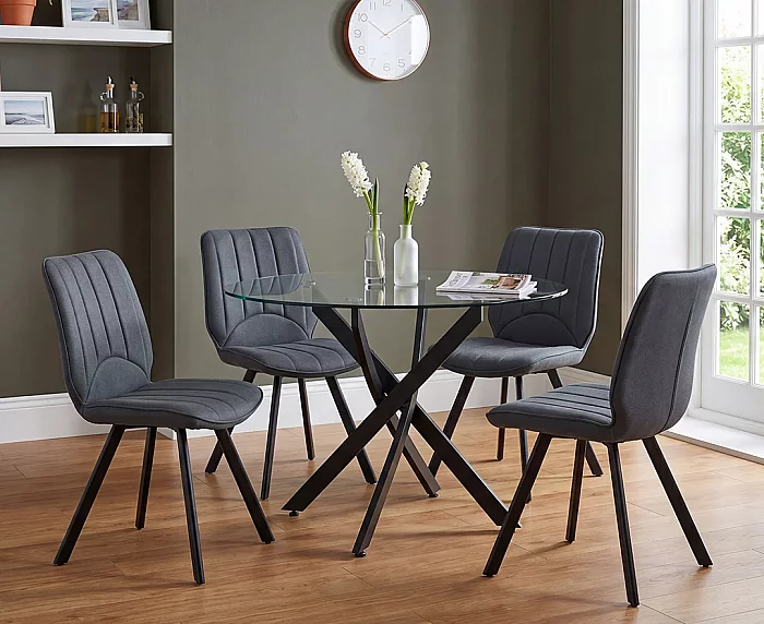 Bernini 110cm Black Leg Glass Dining Table with 4 Brown Hendrick Chairs