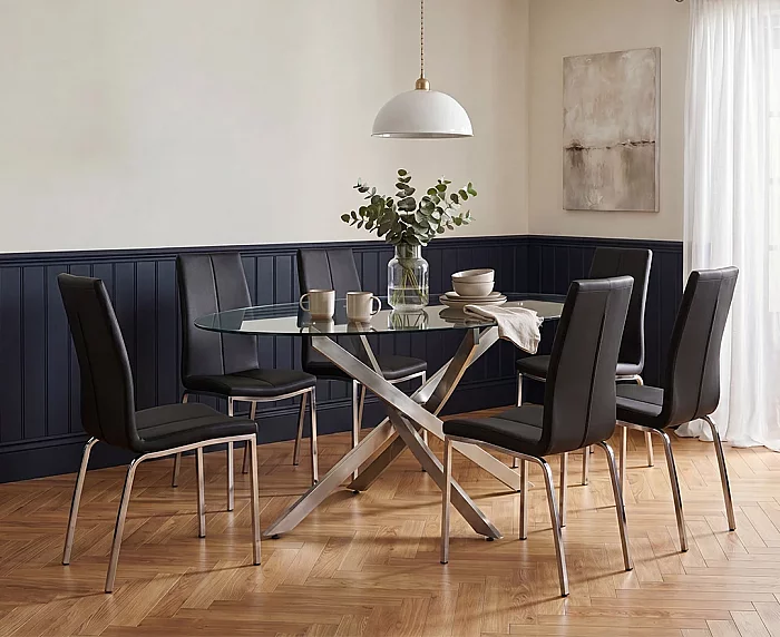 Bernini 165cm Oval Glass Dining Table with 6 Black Marco Chairs